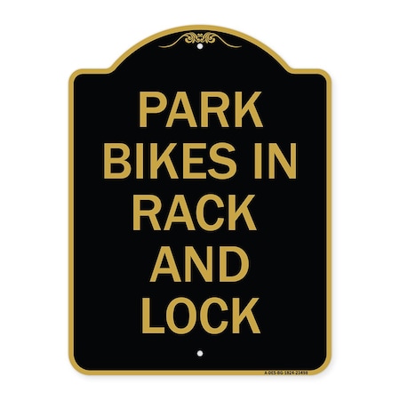 Signmission Park All Bikes in Rack and Lock Sign, Black & Gold Aluminum Sign, 18" x 24", BG-1824-23498 A-DES-BG-1824-23498